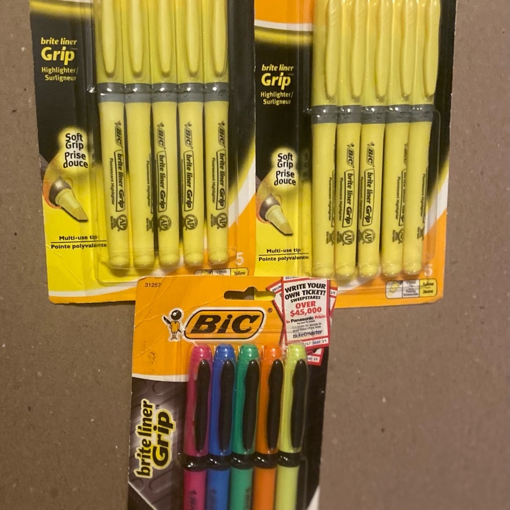 Bic Brite Liner Stick Highlighter Grip, Chisel Tip, Assorted Colors, & Yellow3pk